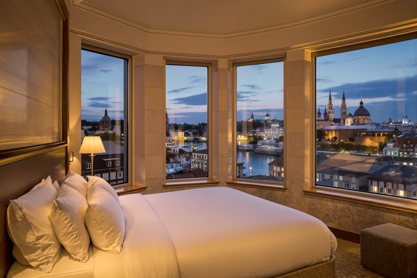 Guest room overlooking the city at dusk