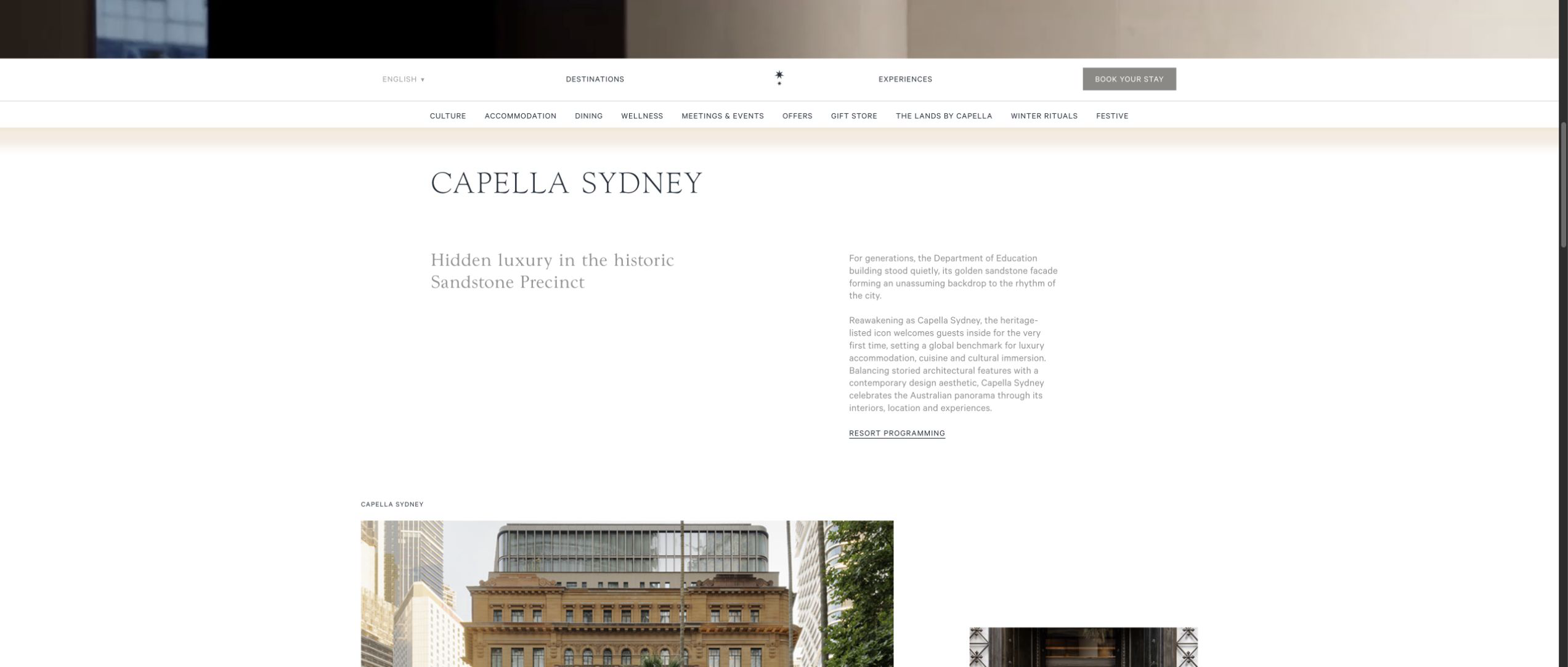 Capella Sydney official page describing its location in the historic Sandstone Precinct
